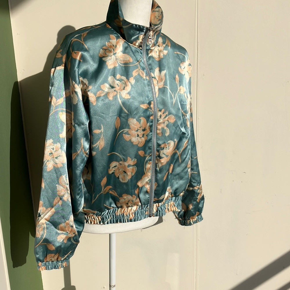 Vintage Teal Floral Satin Bomber Jacket